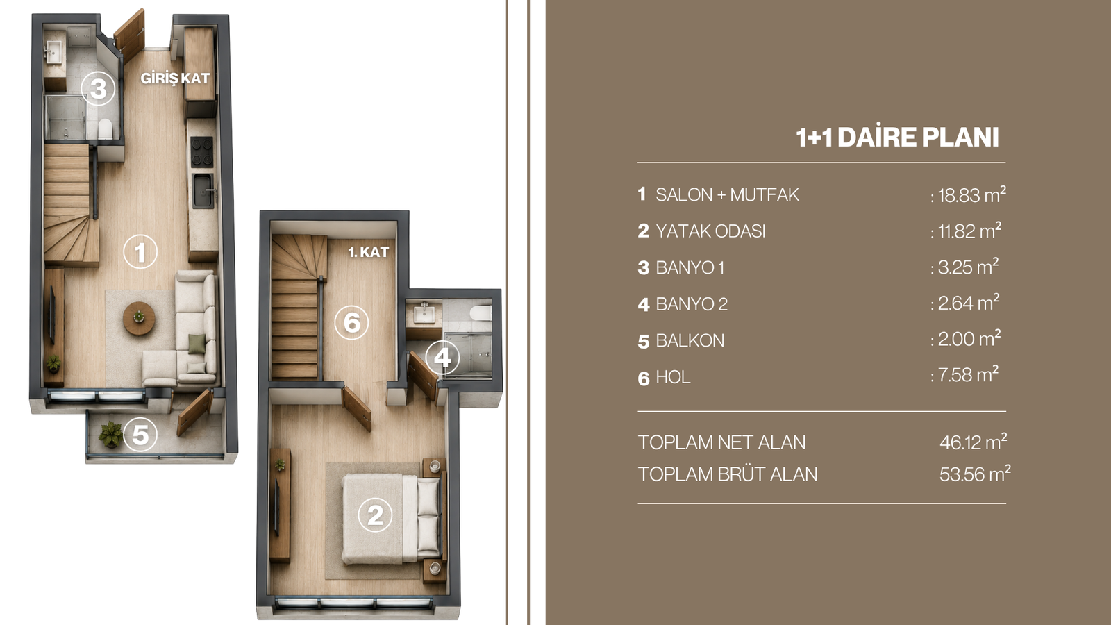 1+1 Daire kat planı